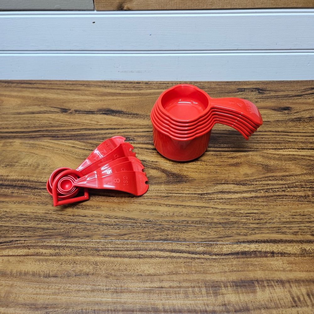 Tupperware Red Measuring Cups and Spoons Set 11pc Nesting D-Handle Vintage Style